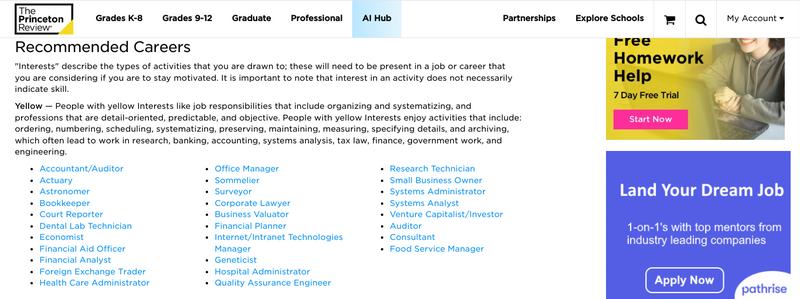 Princeton Review’s career options following the completion of the career assessment